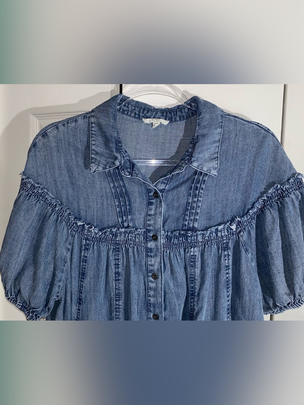 Easel Blue Denim Summer Boho Midi Dress Button M Puff Sleeve AA20 - Picture 2 of 10